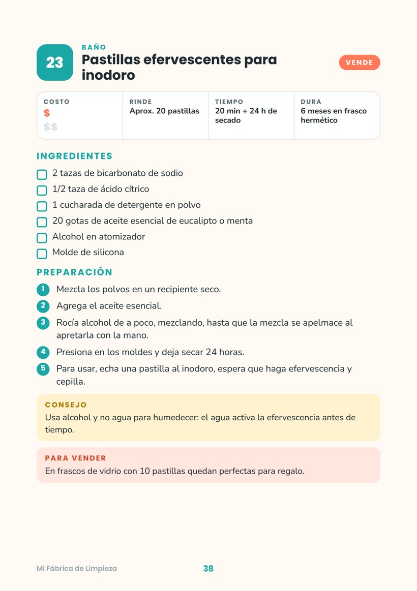 Página real de la receta 23: pastillas efervescentes para inodoro